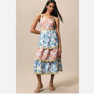 Farm Rio x Anthropologie Linen Blend Tiered Rickrack Midi Dress Size L NWT Large